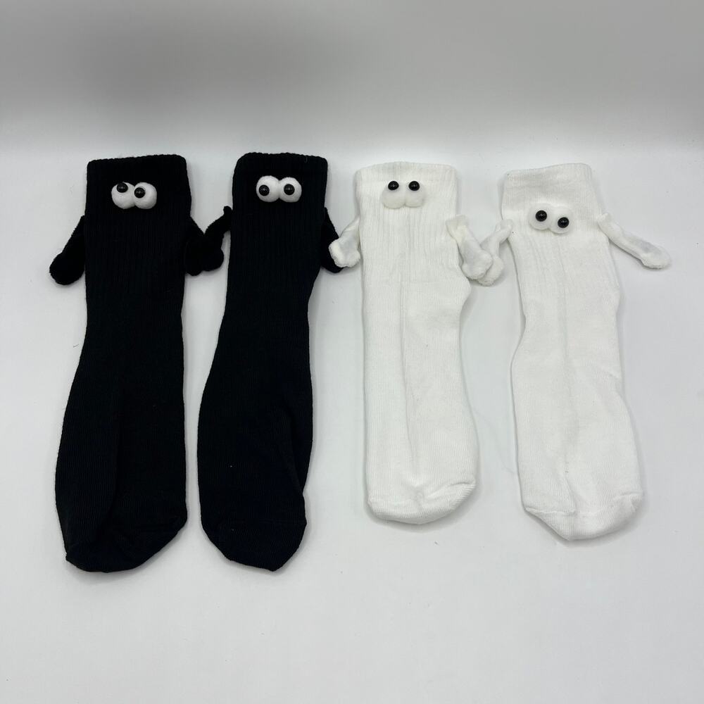 4 Pairs Magnetic Holding Hands Socks 3D Eyes Funny Couple Socks Black White